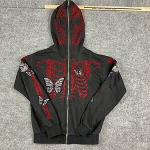 DNA Hoodie Womens L Black Full Zip Skeleton Rhinestone Butterfly Graphic Goth